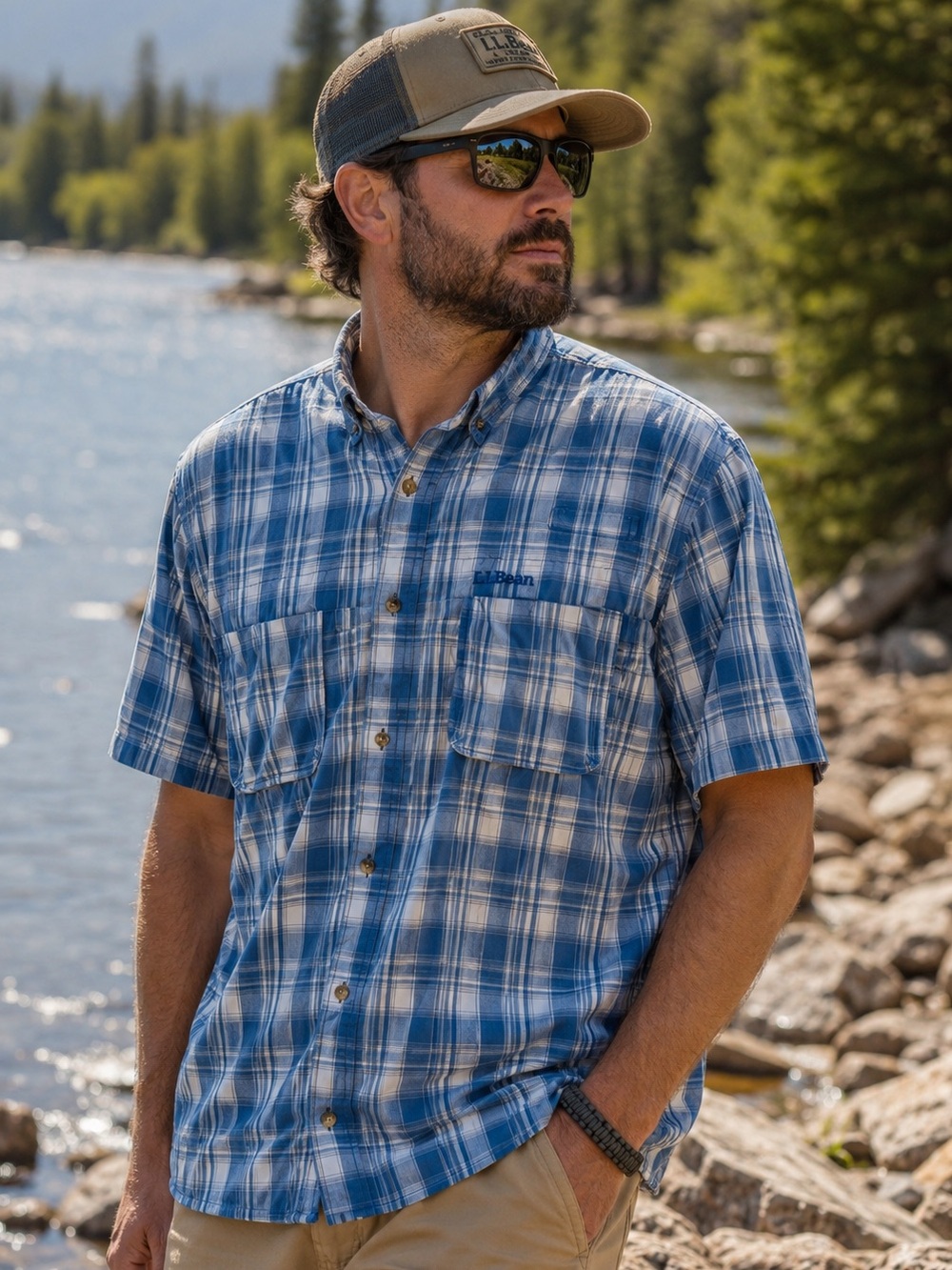 L.L.Bean Men Large Tall Blue Plaid Fishing Shirt Ventilated Short Sleeve Buttons
